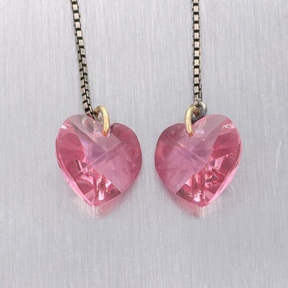 Vintage Sterling Silver 925 Pink Crystal Heart Drop Earrings - Picture 3 of 6